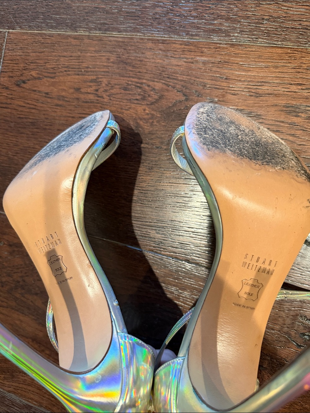 Stuart Weitzman Holographic Gold Strappy Stiletto Heels Size 8 1/2 - Picture 4 of 6